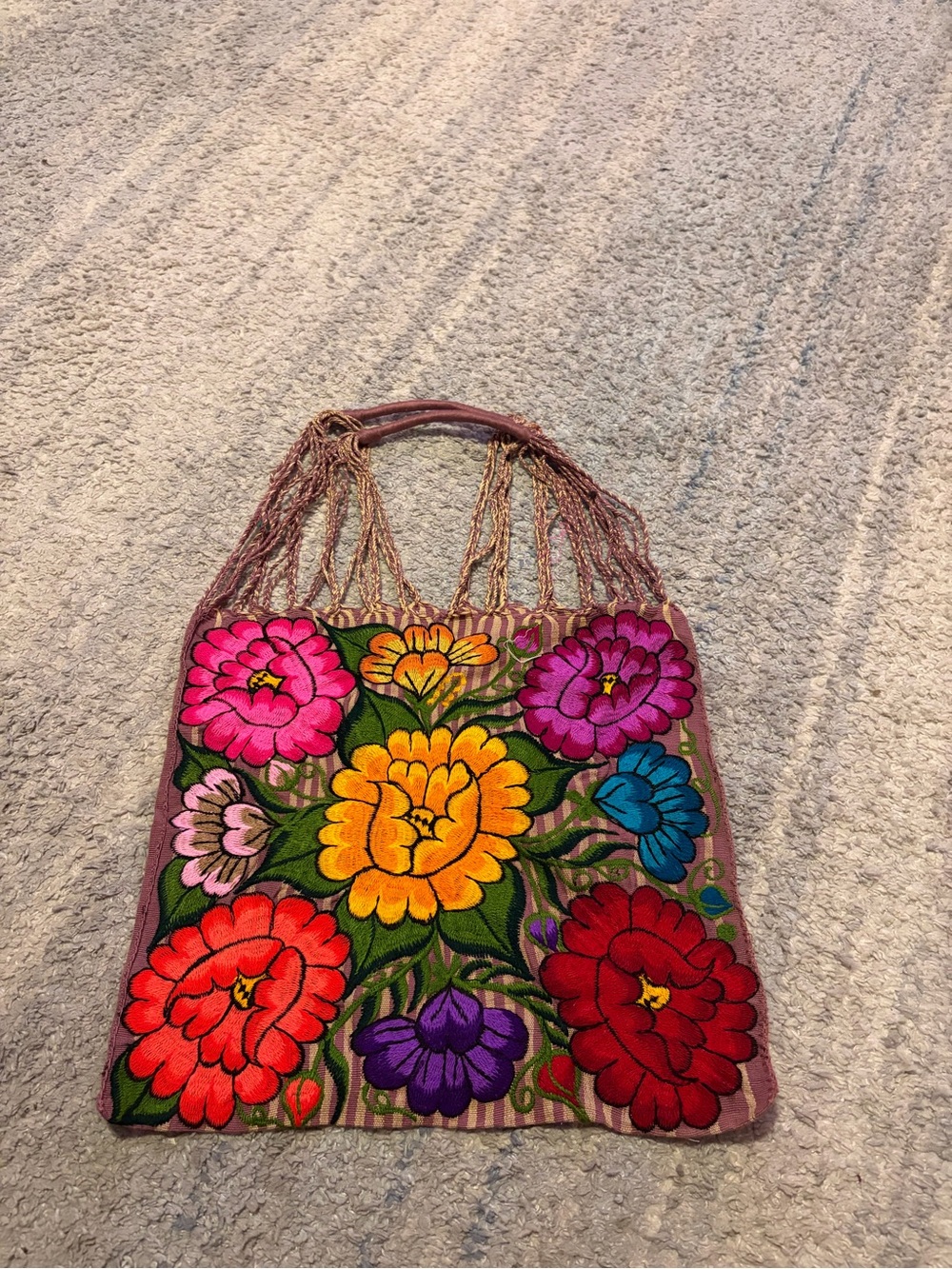 Mexican Floral Embroidered Tote Bag Handwoven Bohemian Stripe Shoulder Bag